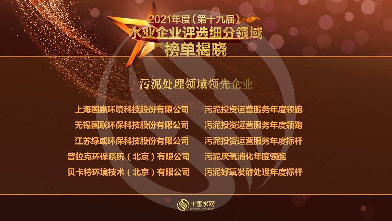 國聯環科連續3年榮獲“污泥投資運營服務年度領跑企業”